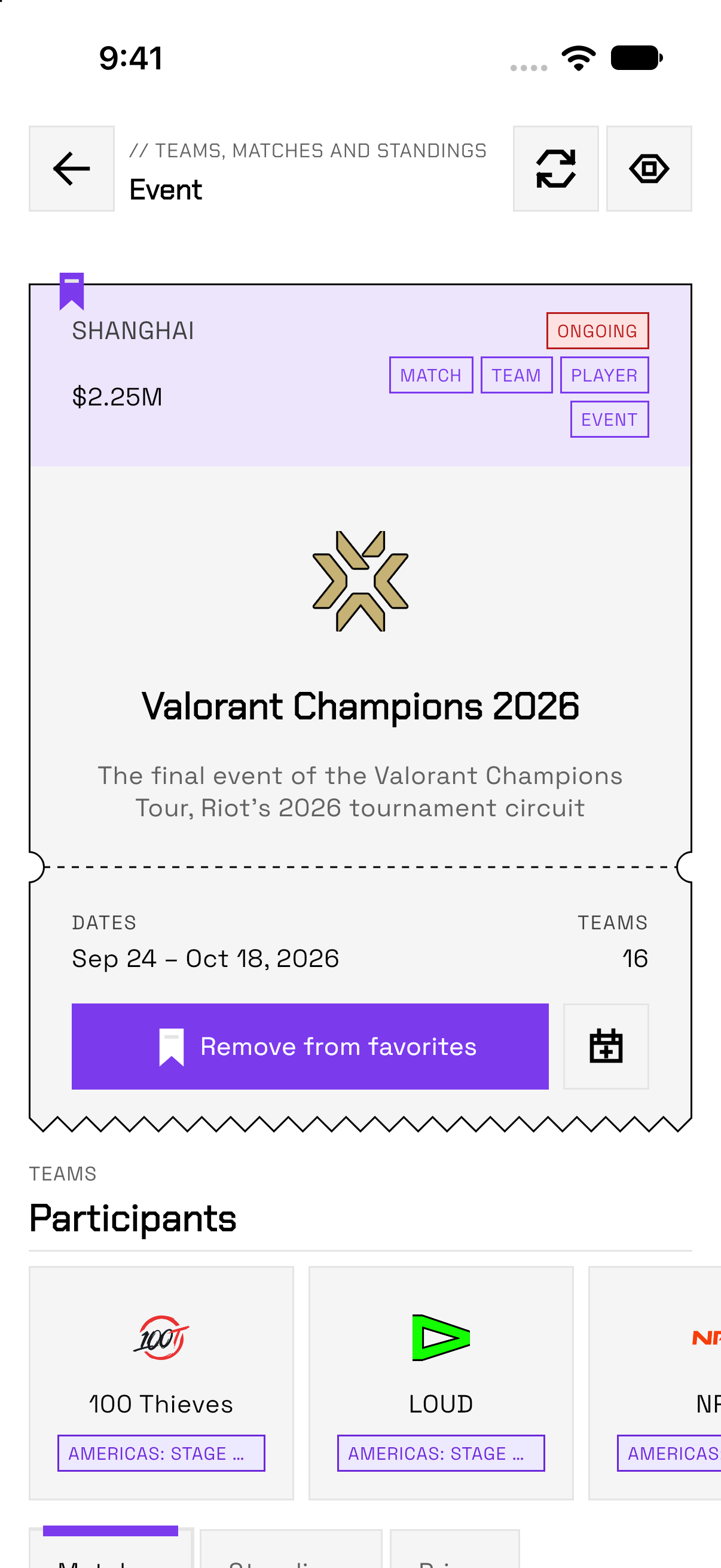 Valorant Champions 2026 event details, with dates, participating teams and an action to add scheduled matches to your calendar.